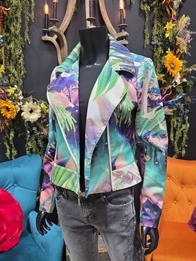 Jennifer Lopez Multicolor Tropical Print Moto Jacket